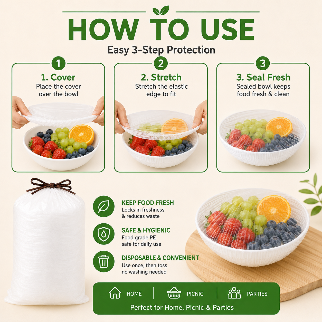 Disposable Stretch Food Covers - Elastic Bowl Covers for Fresh Food Storage-NEX